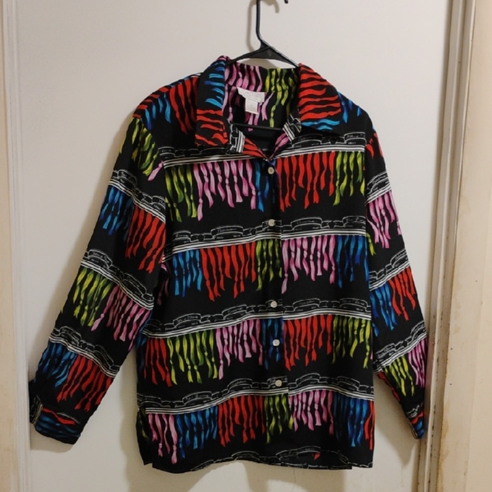 Jordan Multicolor Drip-Print Button-Up Blouse - Black, Red, Blue, Green, Pink